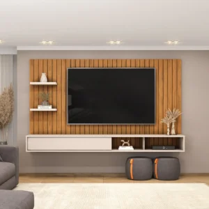 Comprelar Painel Ripado Friz Para Tv Até 60 Polegadas Premium Com Rack Suspenso E Prateleiras Decorativas Design Moderno Luxo Para Sala E Quarto Cor Freijó/offwhite