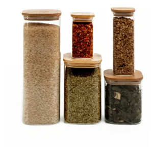 Kit De Pote Hermético Vidro Quad Tampa De Bambu 5 Pçs Oikos Cor Marrom-claro
