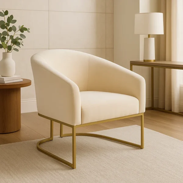 Poltrona Decorativa Sala Suede Bege Liso Base Industrial Dourada D'Rossi